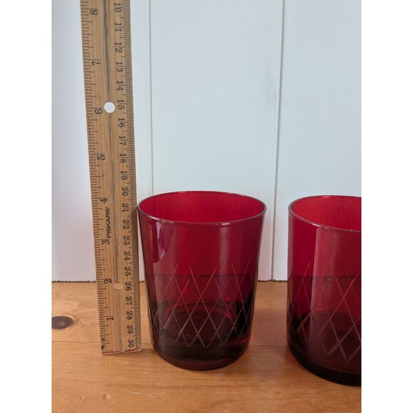 3 Cranberry Red Cut-to-Clear Lowball Rocks Glasses - Diamond Pattern - Picture 5 of 5